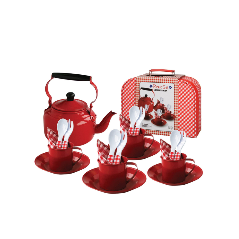 Egmont Red Metal Tin Picnic Tea Set With Kettle 22pcs Play Kitchen Pretend Play 3yrs+