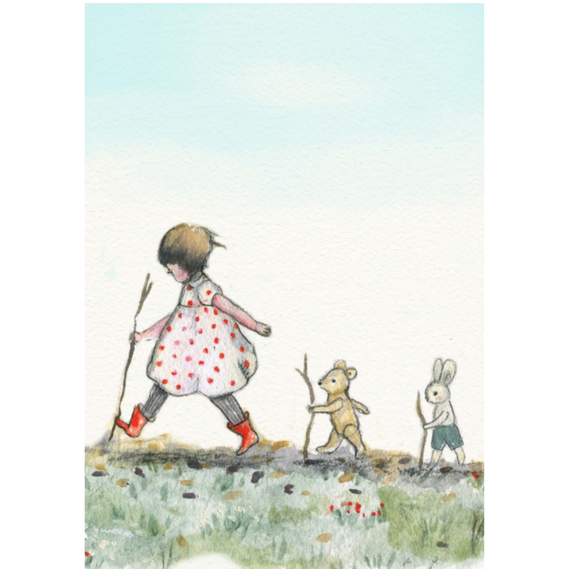 Walking with Bear and Bunny Rabbit by Michelle Pleasance Greetings Card Fairy Unicorn and Castle Theme
