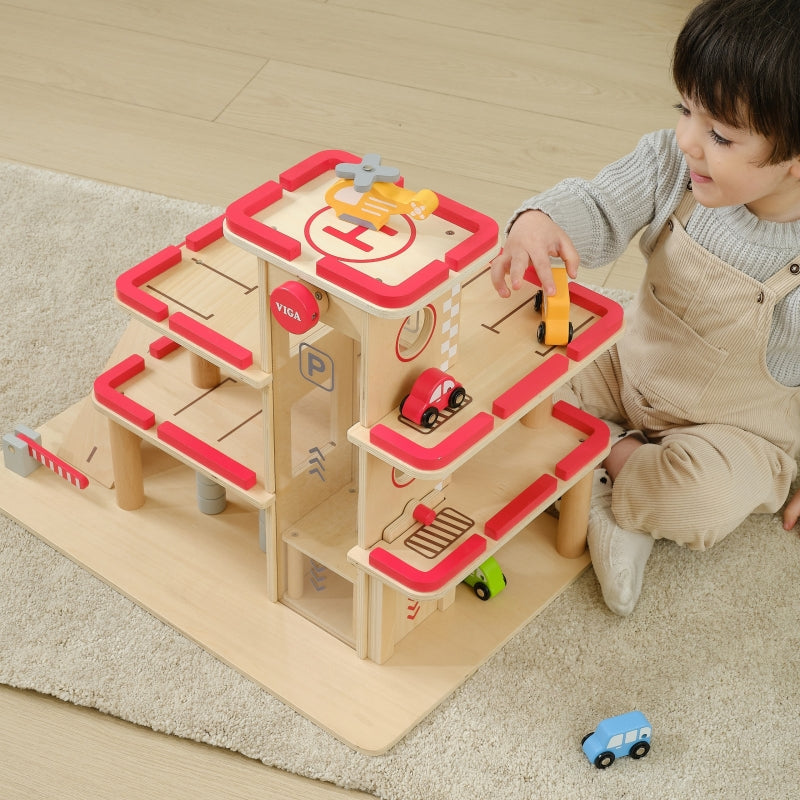 Viga Toys Wooden Multi Level Parking Garage and Gas Station Wooden Toys Car Garage Gift Idea for 3yrs+ (Bulky Shipping)