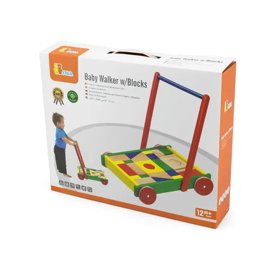 Viga Toys Baby Walker Wagon with 36 Wooden Building Blocks Motor Skills Developmental Toys for Toddlers Baby Toys Gift Idea for 12m+