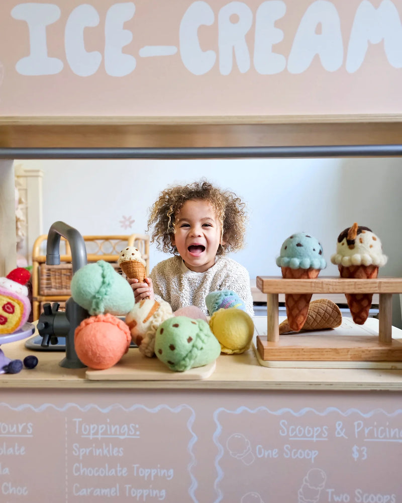 Tara Treasures Felt Ice Cream Set Waffle Cones and 9 Ice Cream Scoops Pretend and Imaginative Play Kitchen Accessories Best Seller Gifting Idea for 3yrs+