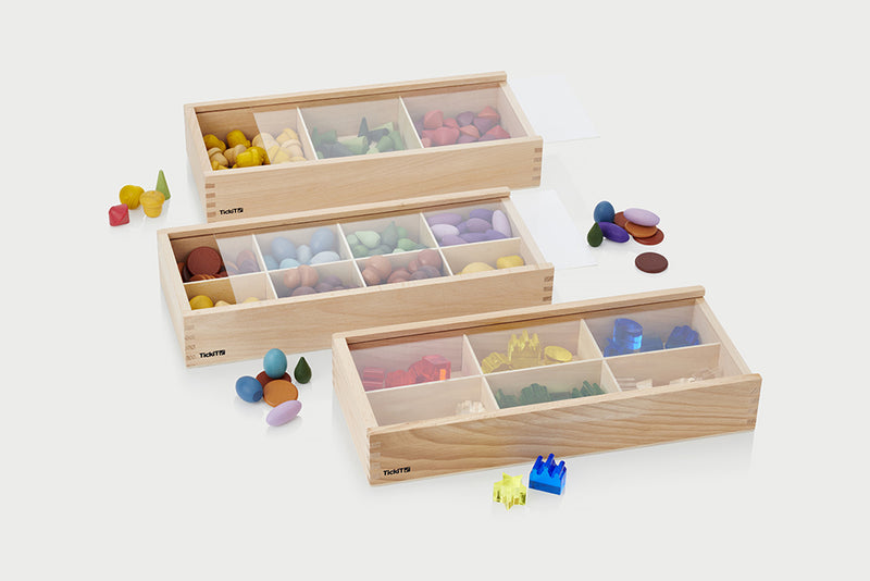 Wooden Discovery Boxes large 3pack 3,6 and 8 Compartment Sorting and Display With Clear Lid By Tickit 3yrs+