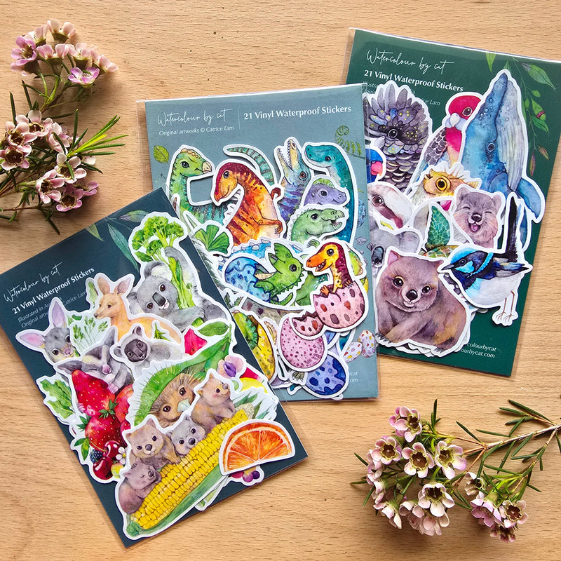 Australian Dinosaur Small Vinyl Waterproof Sticker 21pcs FULL pack by Watercolour By Cat Original Artworks