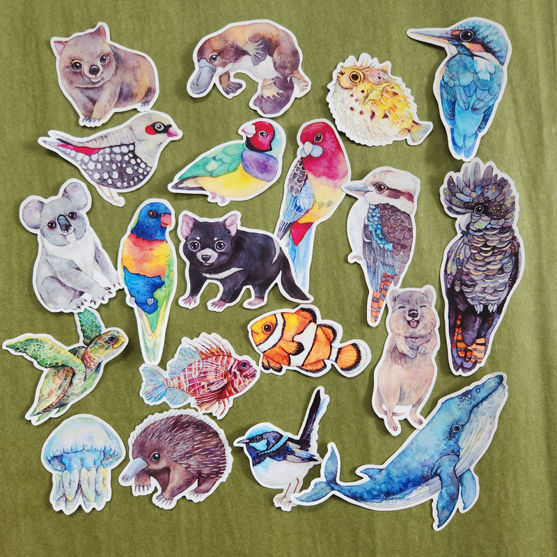 Australian Animals Small Vinyl Waterproof Sticker 21pcs FULL pack by Watercolour By Cat