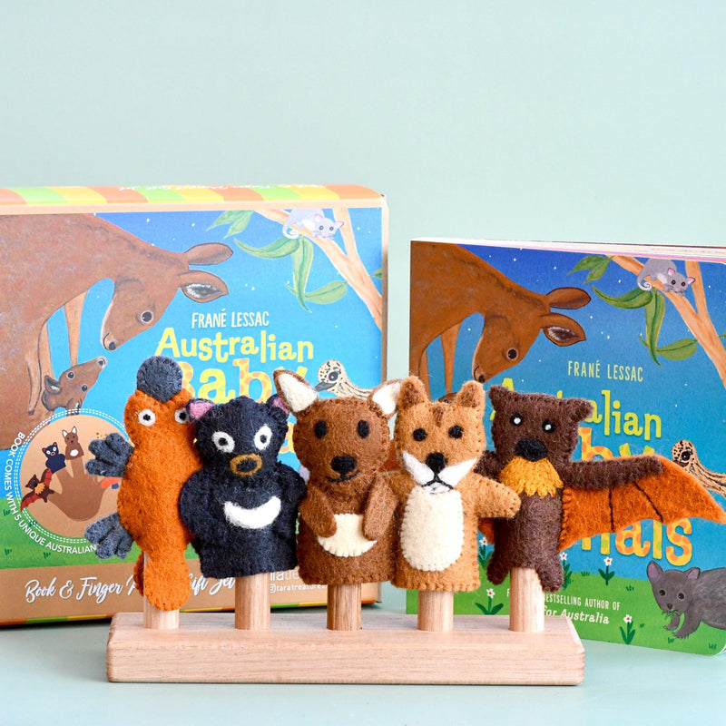 Tara Finger Felt Australian Animals Finger Puppets and Kids Picture Book Set by Frané Lessac Retired