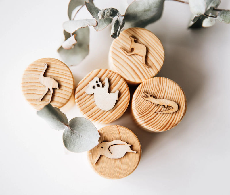 Wooden Australian Animals Stamps with Kangaroo by Beadiebug Playdough Sand Toys Art and Craft for Kids Retired 3yrs+