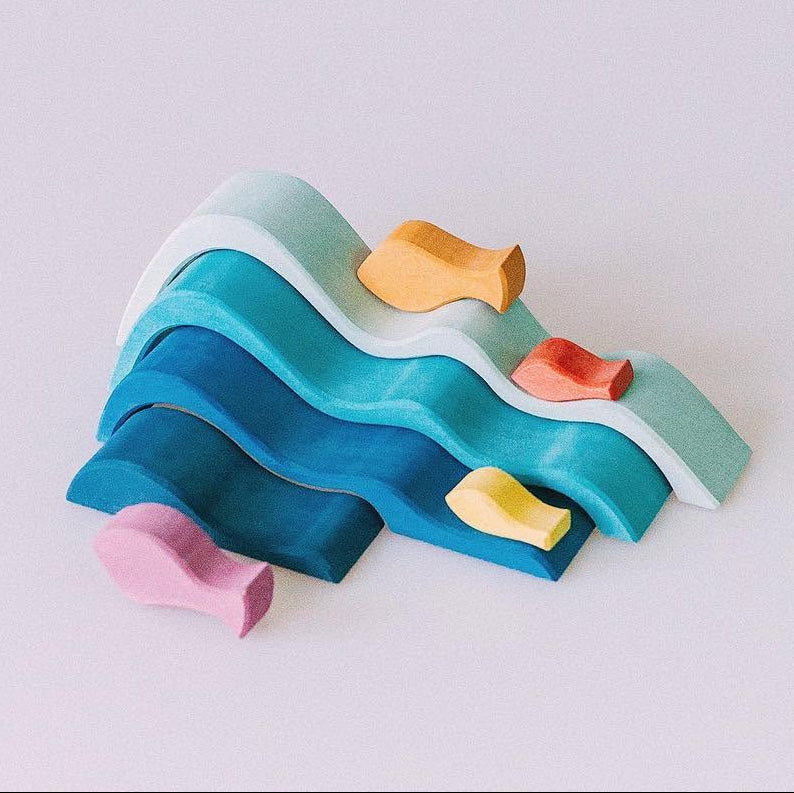 Wooden Wave Block Set 8pcs with 4 Waves and 4 Fish by Avdar Toys Wooden Toys Pretend & Imaginative Play Gifting Idea for 3yrs+
