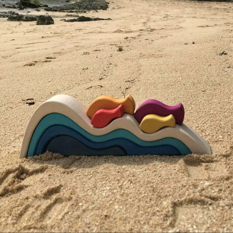 Wooden Wave Block Set 8pcs with 4 Waves and 4 Fish by Avdar Toys Wooden Toys Pretend & Imaginative Play Gifting Idea for 3yrs+