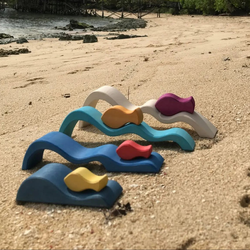 Wooden Wave Block Set 8pcs with 4 Waves and 4 Fish by Avdar Toys Wooden Toys Pretend & Imaginative Play Gifting Idea for 3yrs+