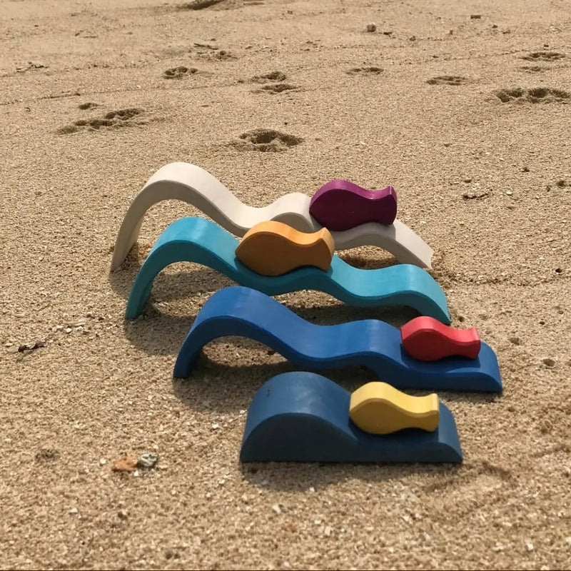 Wooden Wave Block Set 8pcs with 4 Waves and 4 Fish by Avdar Toys Wooden Toys Pretend & Imaginative Play Gifting Idea for 3yrs+