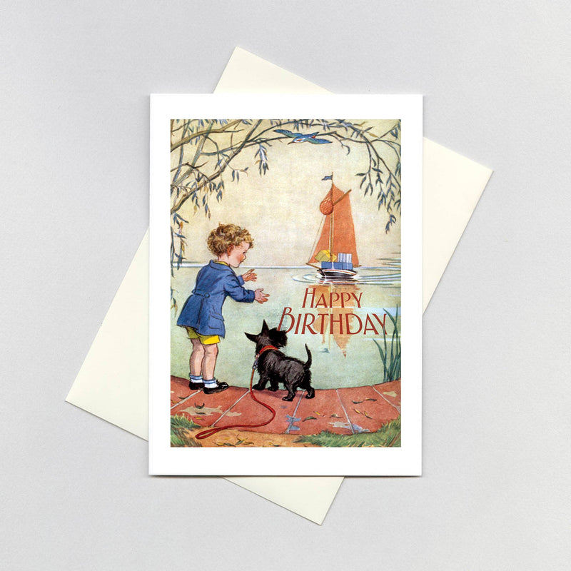 A Boy and a Scottie Dog Awaiting a Boat Kids Birthday Card By Laughing Elephant