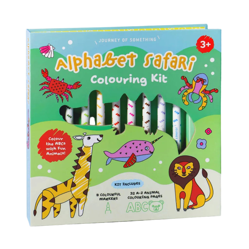 Alphabet Safari Colouring Activity Kit with 8 Markers and 32 Colouring Pages by Journey Of Something Art and Craft for Kids Travel Toys Early Literacy 3yrs+