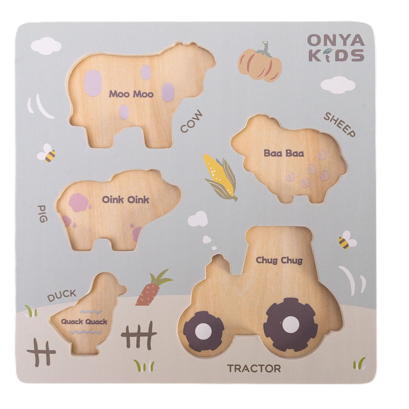 Onya Kids Wooden Farm Puzzle Wooden Knob Puzzle Developmental Toys 18m+