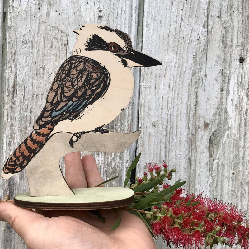 Bridget Farmer Printmaker Laughing Kookaburra Wooden Standing Bird Figurine Ornament