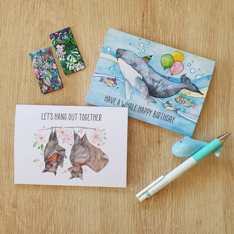 Whale Birthday Card Have A Whale Happy Birthday by Watercolour By Cat