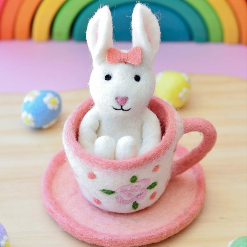 Tara Treasures Felt Rabbit in Tea Cup 3pcs Children's Easter Gift Pretend & Imaginative Play 3yrs+