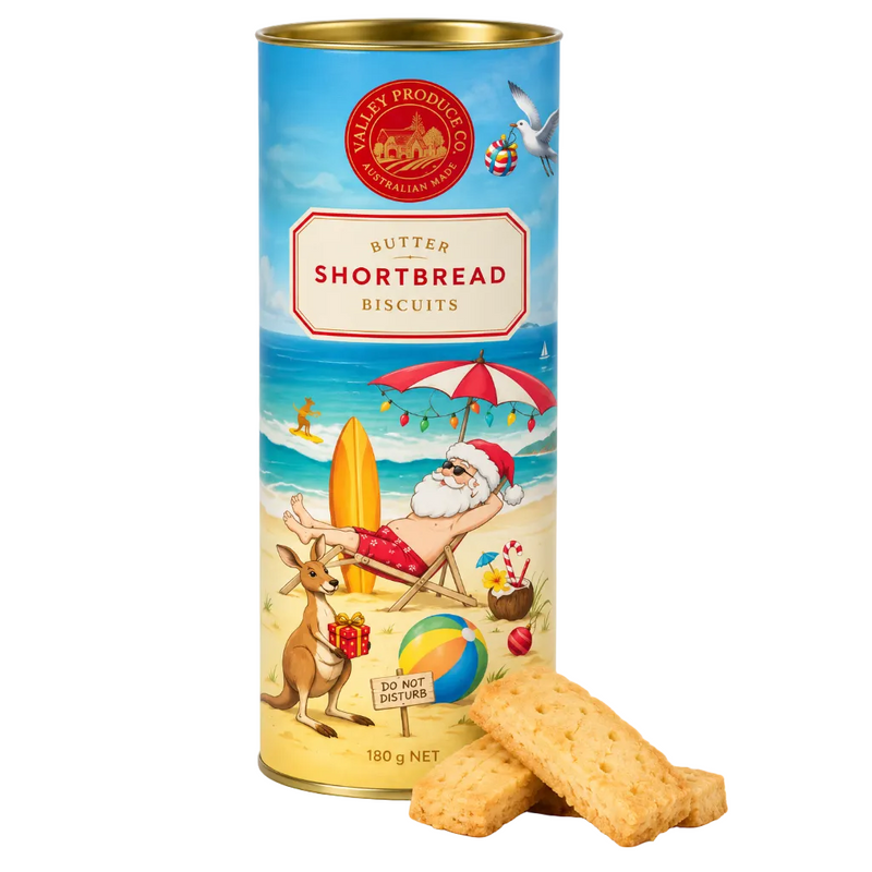VPC Limited Edition Christmas Tube Santa on Beach Butter Shortbead Biscuit 180g Christmas Range