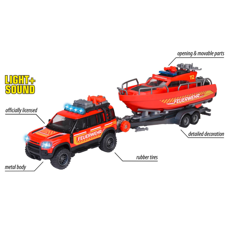 Majorette Land Rover Fire Rescue Vehicle with Boat Metal Travel Toys Car Gift Idea for 3yrs+