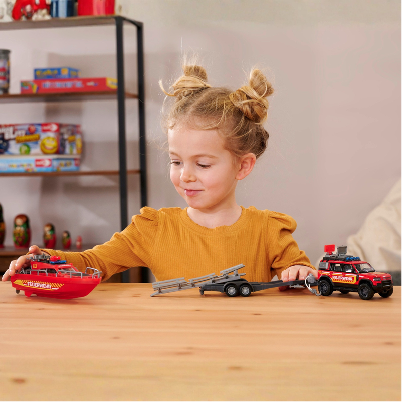 Majorette Land Rover Fire Rescue Vehicle with Boat Metal Travel Toys Car Gift Idea for 3yrs+