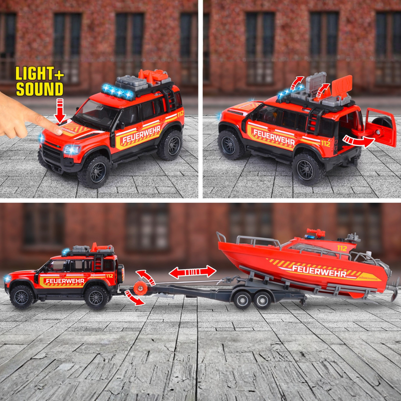 Majorette Land Rover Fire Rescue Vehicle with Boat Metal Travel Toys Car Gift Idea for 3yrs+