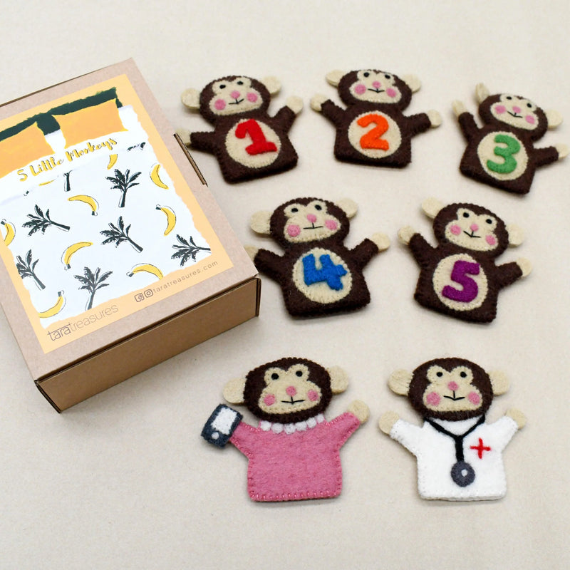 Tara Treasures Felt 5 Little Monkeys Finger Puppet Set of 7 Pretend & Imaginative Play Toys Best Seller 3yrs+