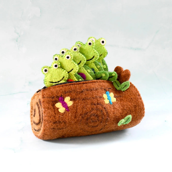 Tara Treasures Five Little Speckled Frogs With Log Bag Finger Puppet Set