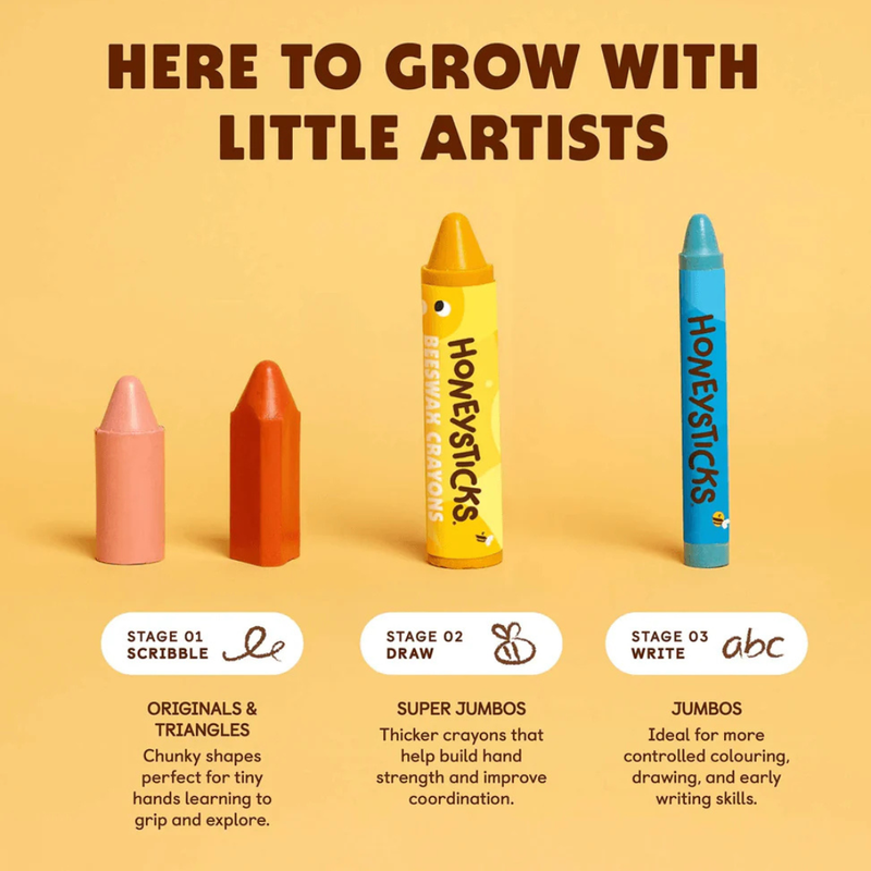 Honeysticks Beeswax Crayons Jumbos 12 Colours Toddler Art and Craft for Kids Developmental Toys for Toddlers 12m+