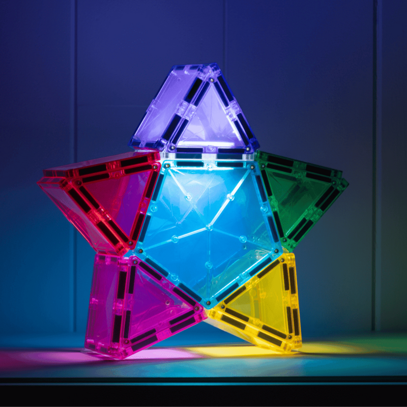New Connetix Tiles Light up Pack with LED light, Colorful geometric transparent structure on a dark background