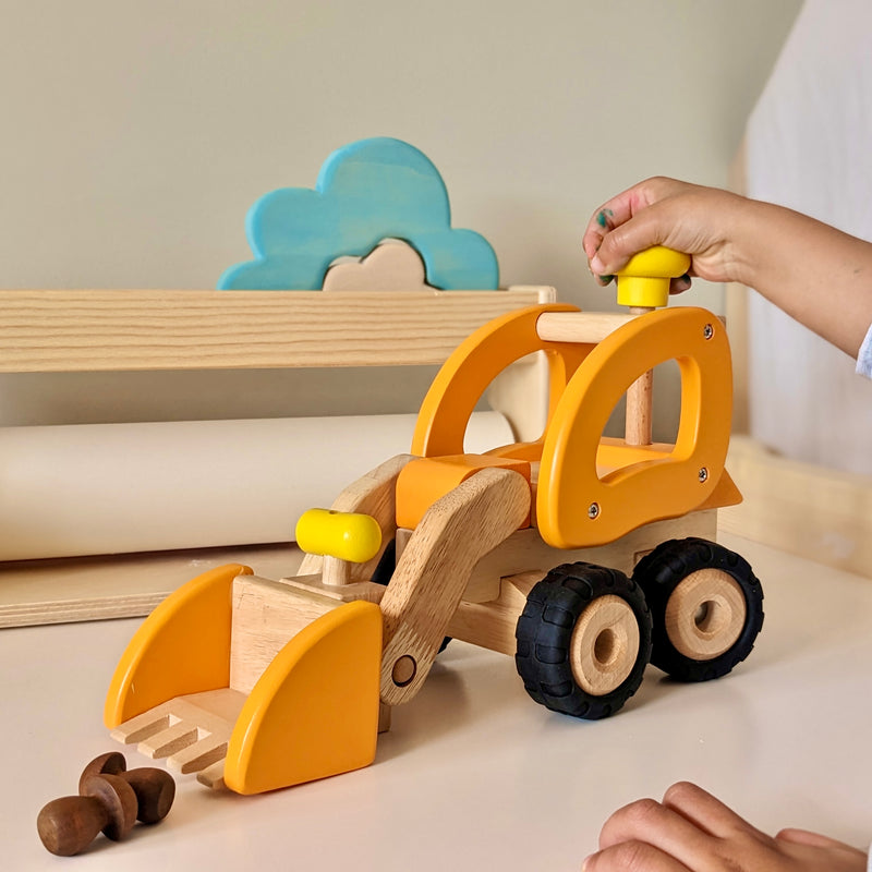 Goki Bulldozer Medium Orange Wooden Toy Car 3yrs+