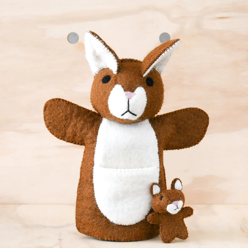 Tara Treasures Felt Brown Kangaroo with Joey Hand Puppet Felt Animals Pretend & Imaginative Play Toys 3yrs+