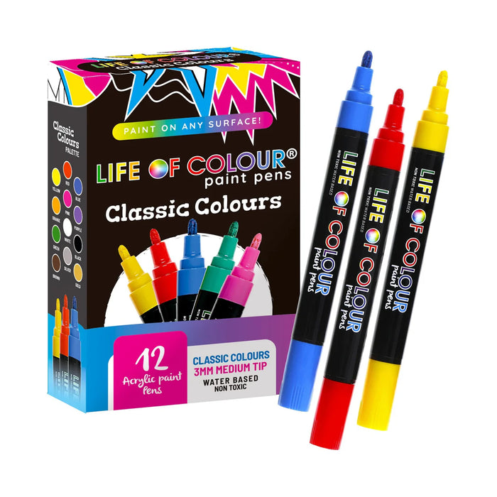 Life Of Colour All Surface Acrylic Paint Pens Classic Colours 3mm Medium Tip Set of 12 Stationery Art and craft for kids 3yrs+