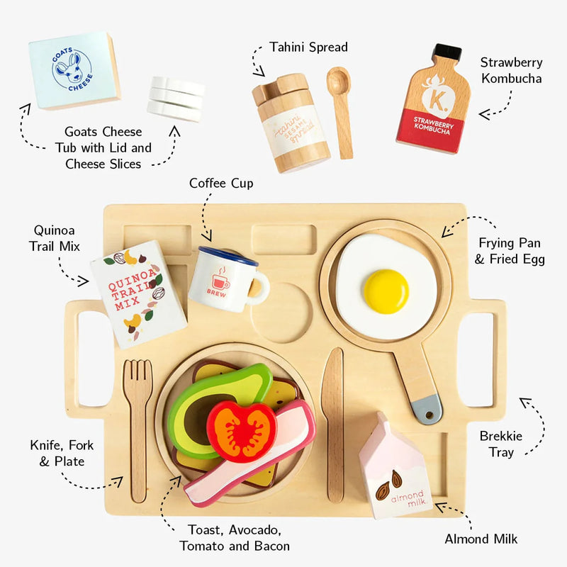 Make Me Iconic Wooden Toy Food Healthy Tummy Breakfast Tray Set Play Kitchen Role Play Pretend and Imaginative Play 3yrs+