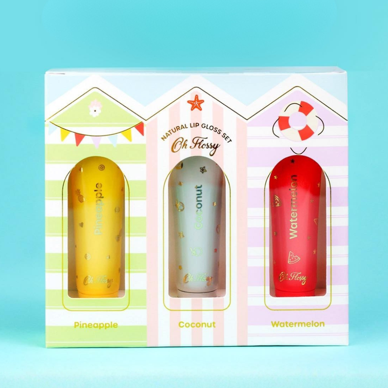 Oh Flossy Beach Club Natural Lip Gloss Set of 3 Fruity Flavours Kids Makeup Set Gift Idea for 3yrs+