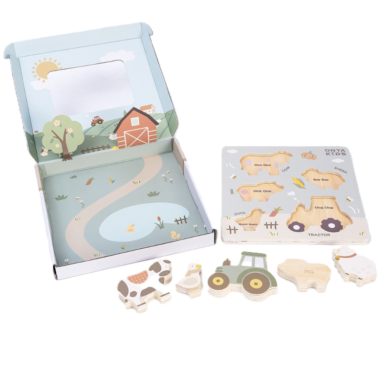 Onya Kids Wooden Farm Puzzle Wooden Knob Puzzle Developmental Toys 18m+