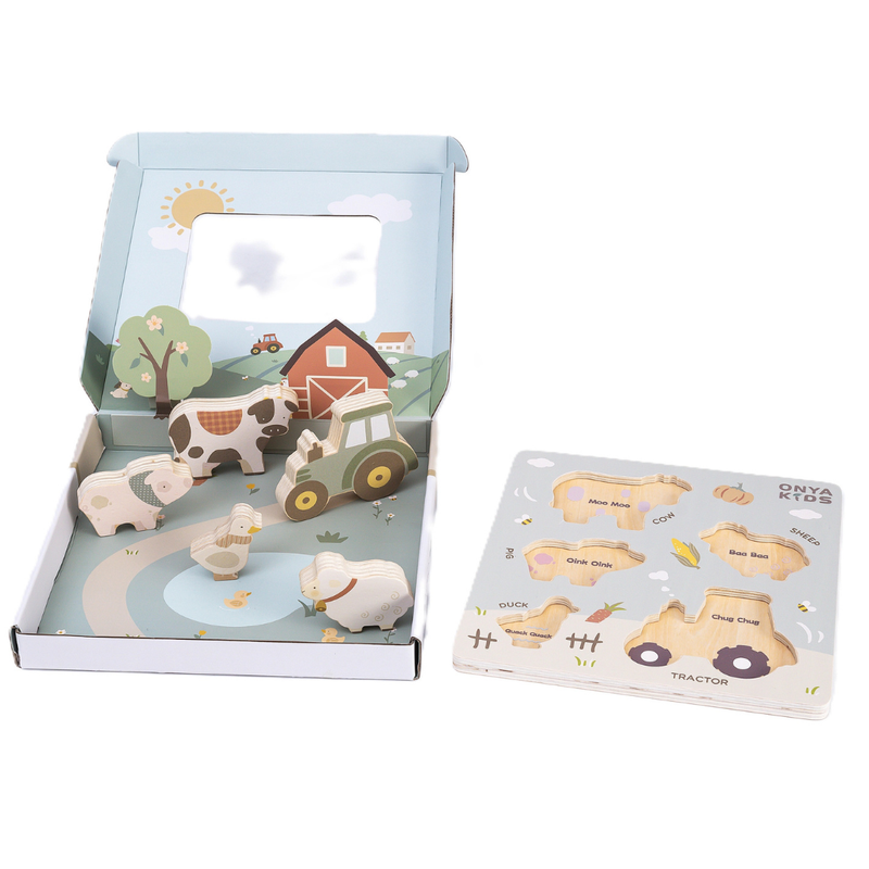 Onya Kids Wooden Farm Puzzle Wooden Knob Puzzle Developmental Toys 18m+