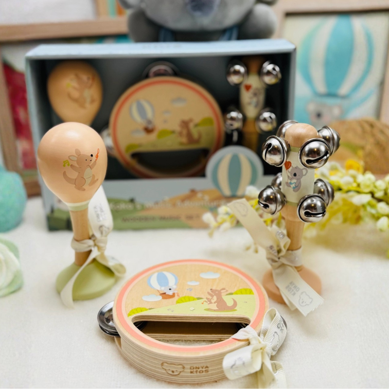 KoKo's Music Adventure Wooden My First Instrument set Koala & Kangaroo Australian Themed Design 3pcs Musical Instrument for kids Baby Toys Gift Idea for 18m+