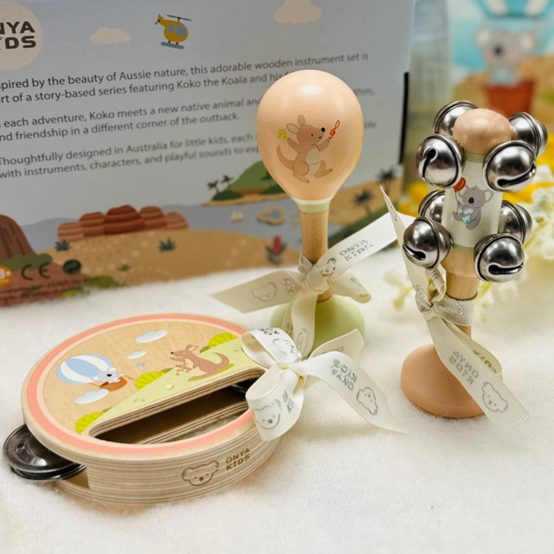 KoKo's Music Adventure Wooden My First Instrument set Koala & Kangaroo Australian Themed Design 3pcs Musical Instrument for kids Baby Toys Gift Idea for 18m+