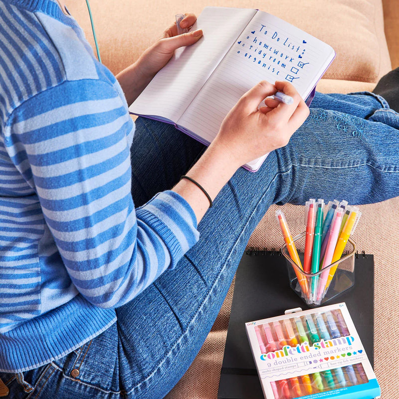 Ooly 9 Double Sided Felt tip Pens with Stamps Confetti Stationary Art and craft for kids 6yrs+