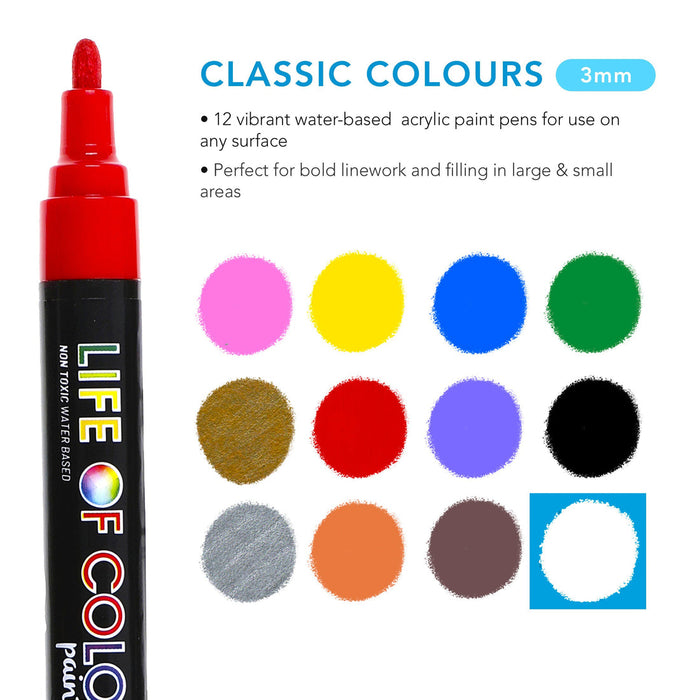 Life Of Colour All Surface Acrylic Paint Pens Classic Colours 3mm Medium Tip Set of 12 Stationery Art and craft for kids 3yrs+