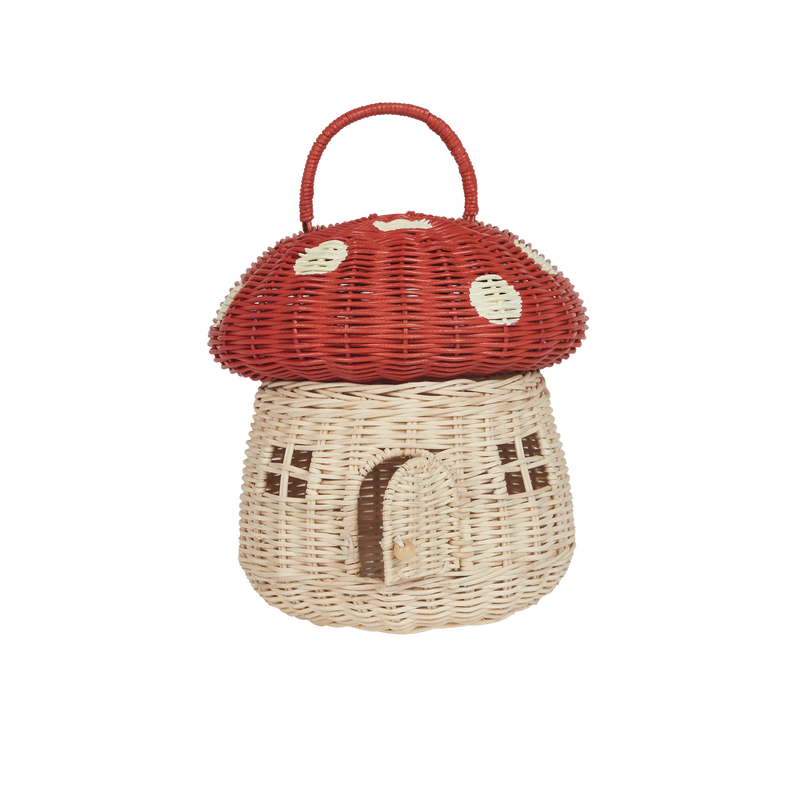 Olli Ella Rattan Mushroom Basket Red Kids Room Decor Toddler Toys Fairy Unicorn and Castle Theme 3yrs+