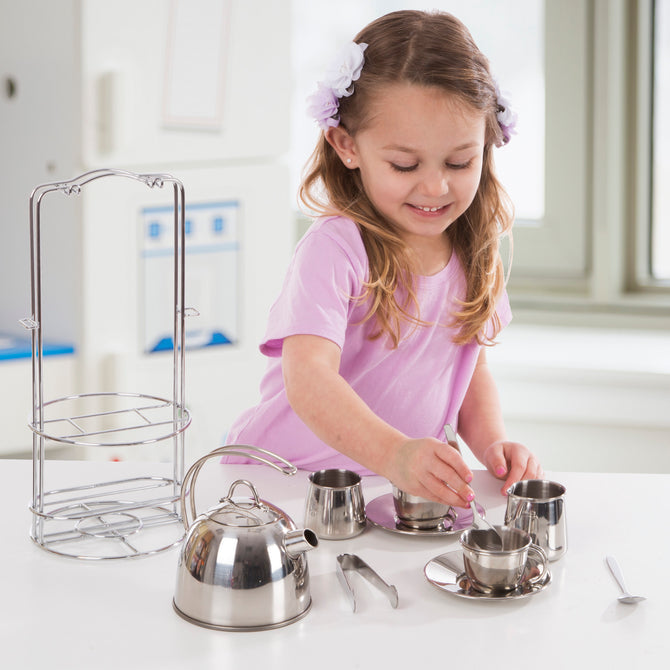Stainless Steel Tea Set with Storage Stand 11pcs by Melissa & Doug Pretend Play Kitchen Toys 3yrs+