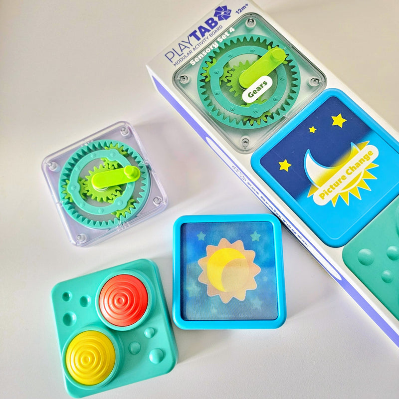 PlayTab Sensory Tiles Set 4 Gears, Picture Change, Squeaker Tile, by Fat Brain Toys Sensory Cognitive Developmental Toys for Toddlers Baby Toys Best Seller 12m+