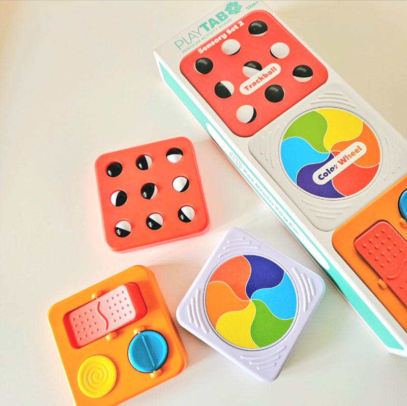 PlayTab Sensory Tiles Set 2 Trackball Tile, Colour Wheel, Switches, by Fat Brain Toys Sensory Cognitive Developmental Toys for Toddlers Baby Toys Best Seller 12m+