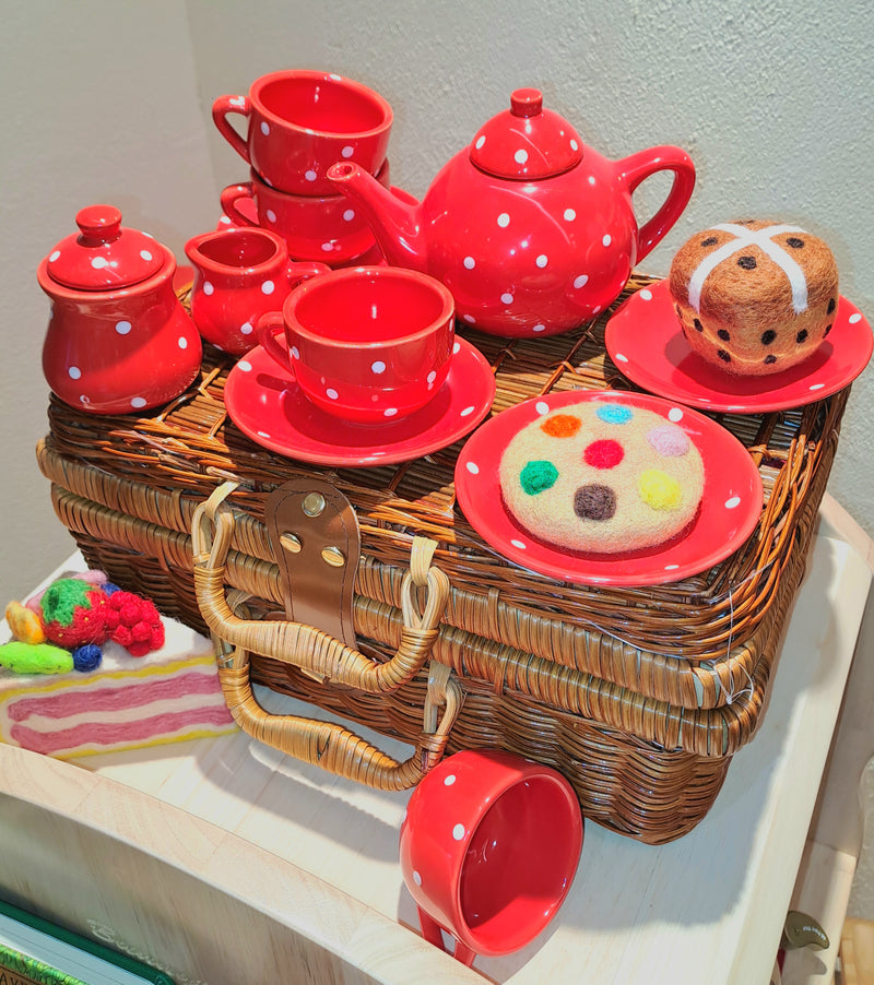Red Polkadot Porcelain Teapot Set In Picnic Basket Large Play Kitchen Pretend Role Play Toys by Egmont Gifting Idea Best Seller 3yrs+