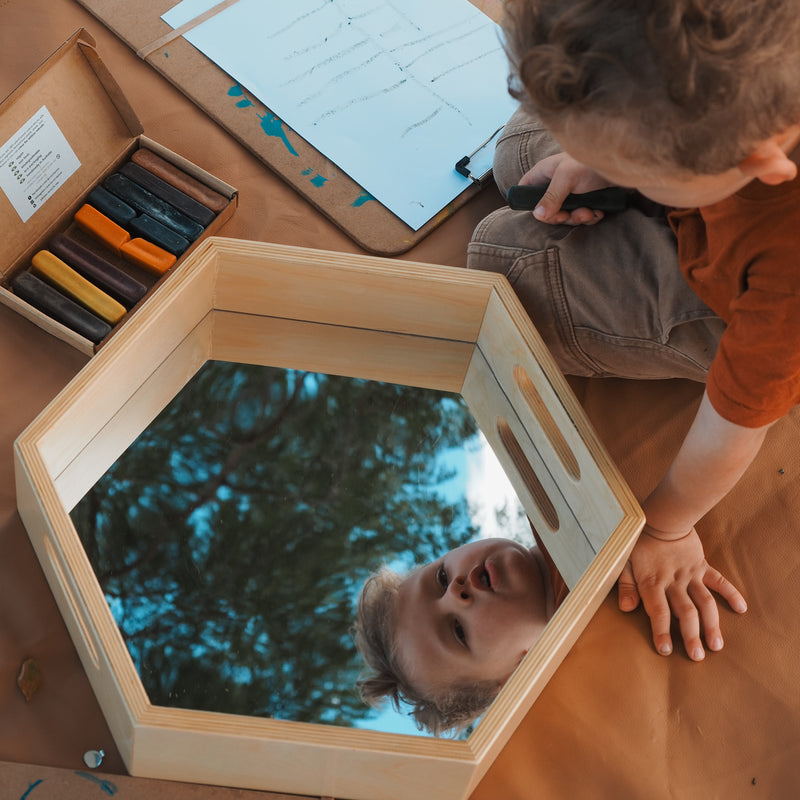 Large Sensory Wooden Hexagon Mirror Tray 38 x 44 x 10cm