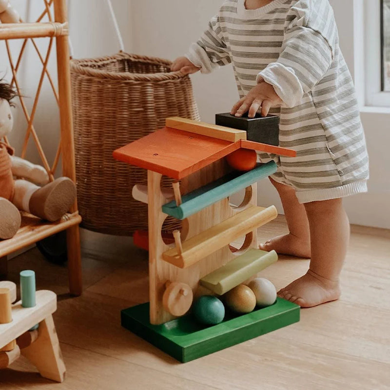 Qtoys Ball Rolling House Early Science STEM Toys Marble Run Game Wooden Building Blocks Toddler Toys 18m+