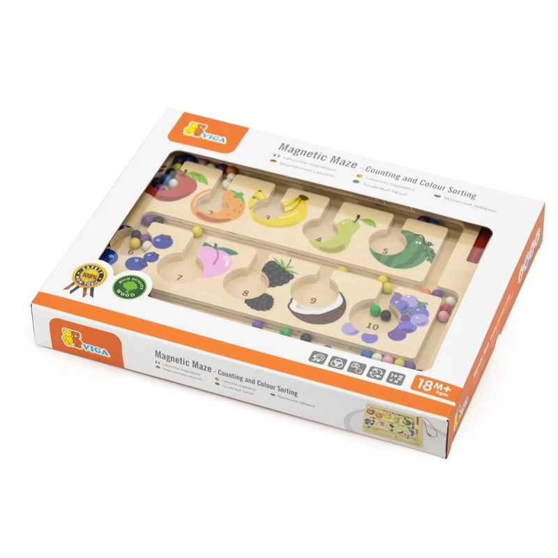 Viga Toys Wooden Magnetic Maze Fruit 1-10 Counting & Colour Sorting Board Early Math Games for Kids Fine Motor Skills Developmental Toys 18m+