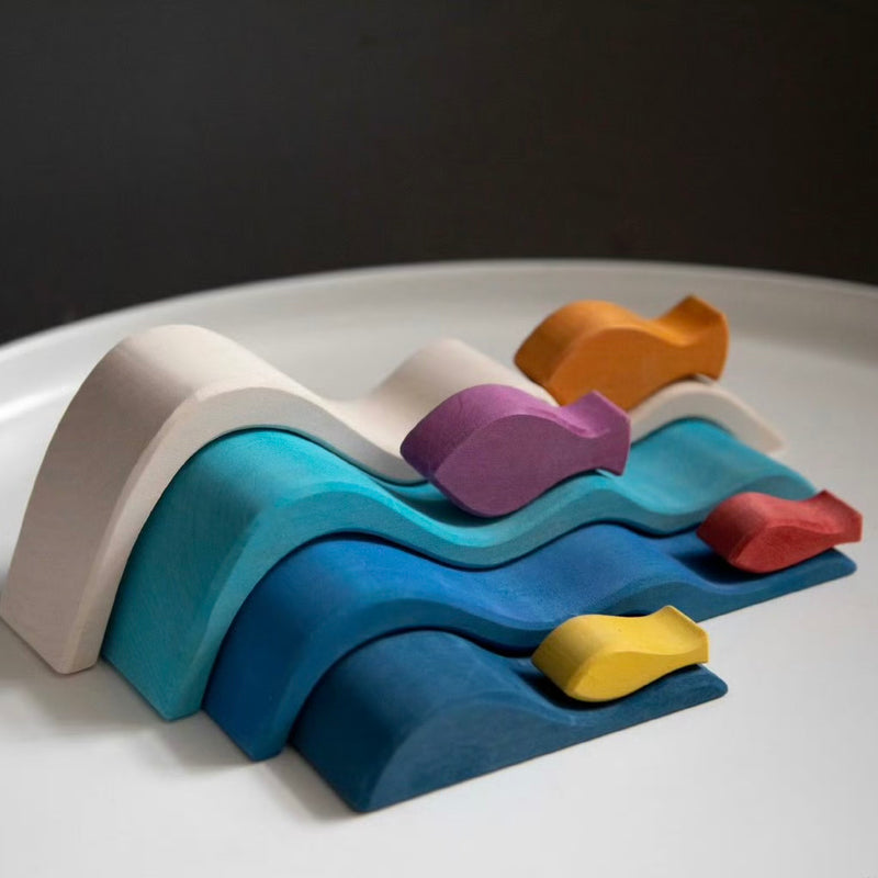 Wooden Wave Block Set 8pcs with 4 Waves and 4 Fish by Avdar Toys Wooden Toys Pretend & Imaginative Play Gifting Idea for 3yrs+