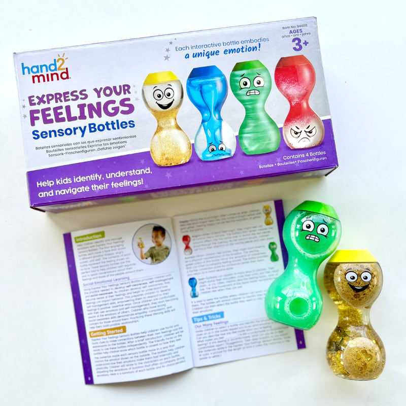 Express Your Feelings Sensory Bottles represent Happy, Scared, Angry, and Sad. Shake Swirl Rotate by Hand 2 Mind Social-Emotional Sensory Toys Best Seller 3yrs+