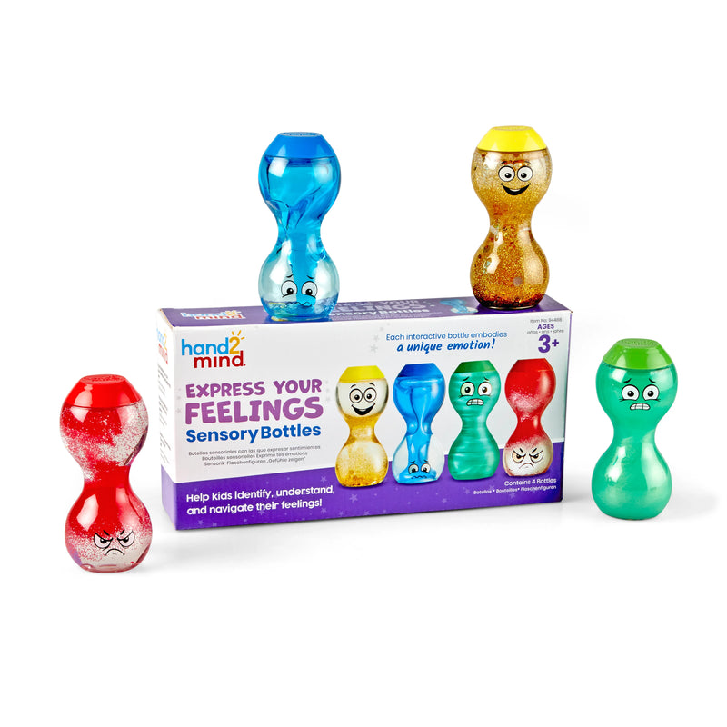 Express Your Feelings Sensory Bottles represent Happy, Scared, Angry, and Sad. Shake Swirl Rotate by Hand 2 Mind Social-Emotional Sensory Toys Best Seller 3yrs+
